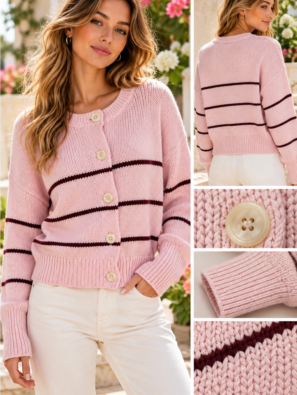 NWT Caroline Constas Pink Striped 100% Cotton Cardigan Sweater Size L